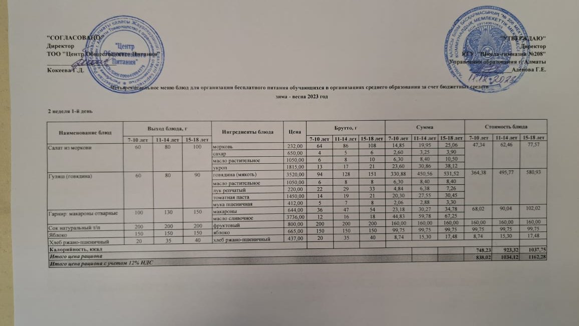 Асхана мәзірі 11.12.2023