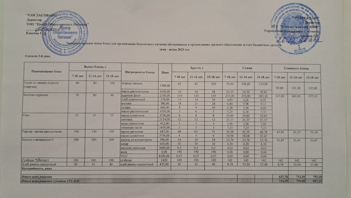 Асхана мәзірі 26.12.2023