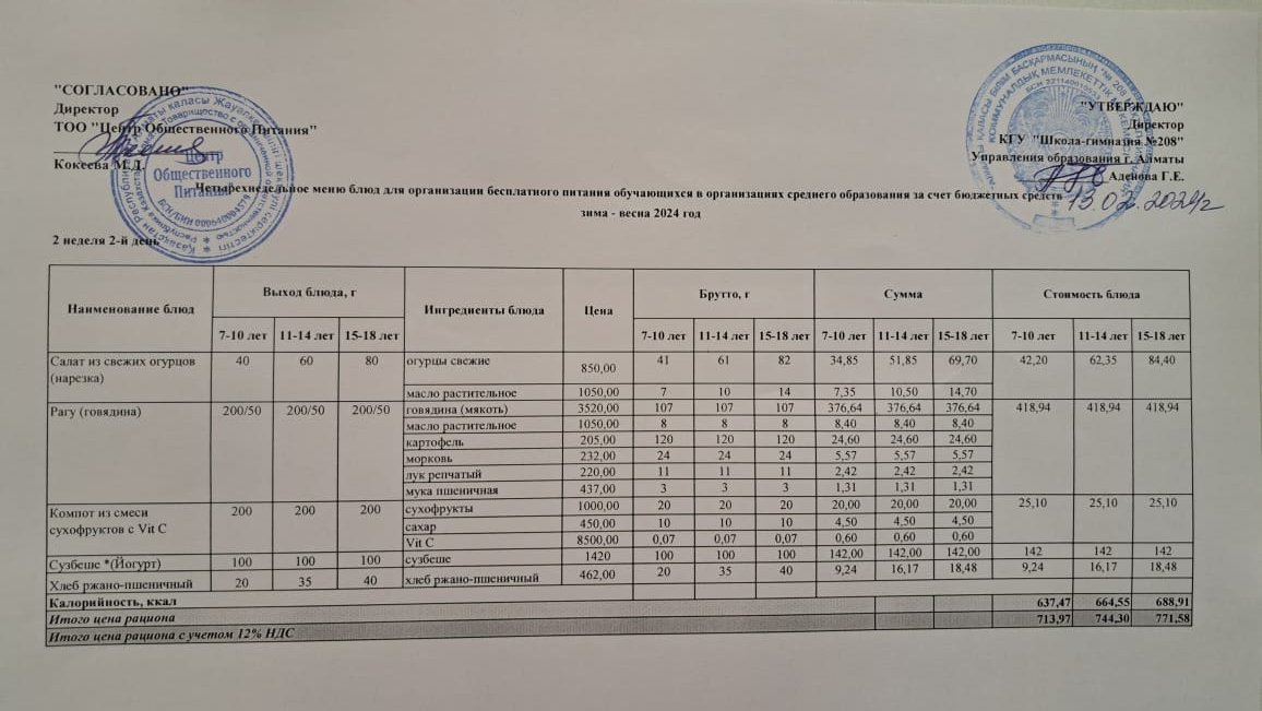 Асхана мәзірі 13.02.2024
