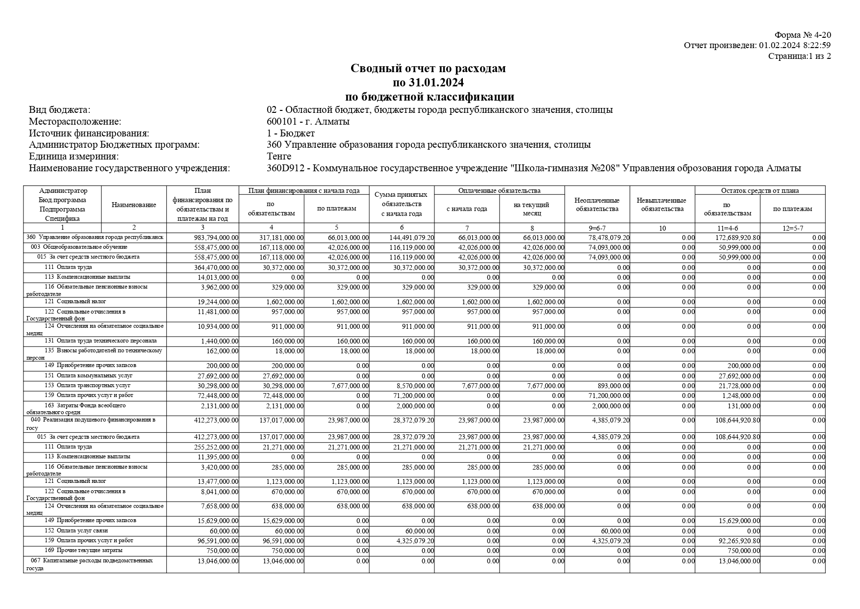 Сводный отчет по расходам по 31.01.2024 по бюджетной классификации