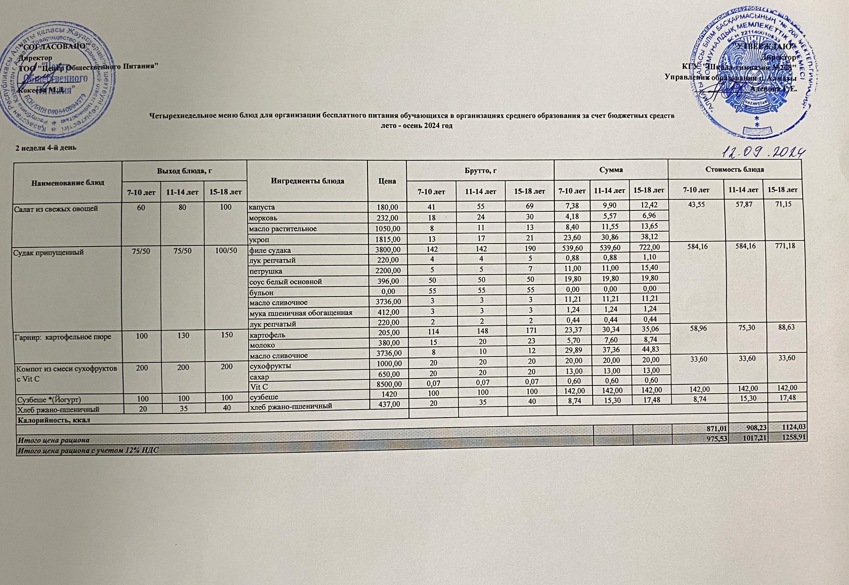 12.09.2024ж Асхана мәзірі