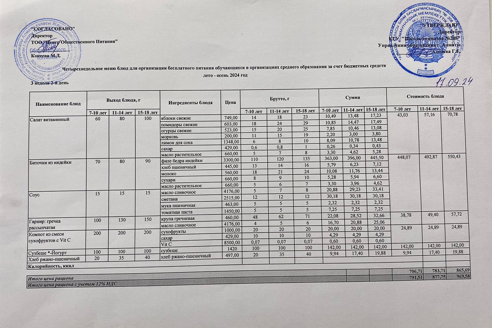 17.09.2024ж Асхана мәзірі
