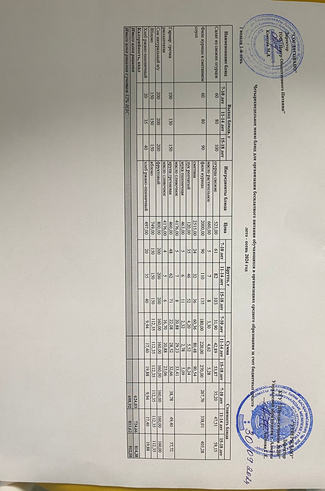30.09.2024ж Асхана мәзірі