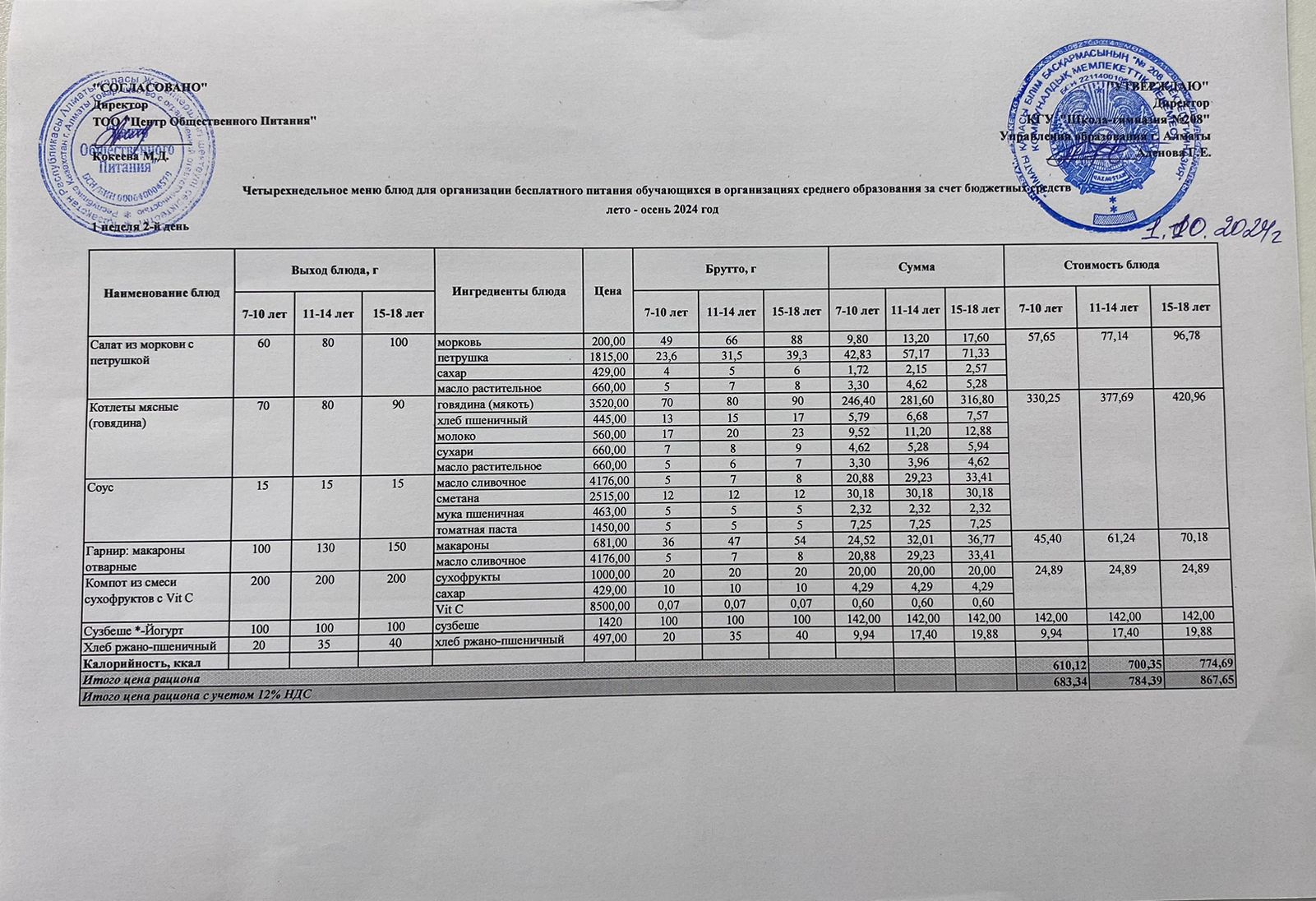 01.10.2024ж Асхана мәзірі