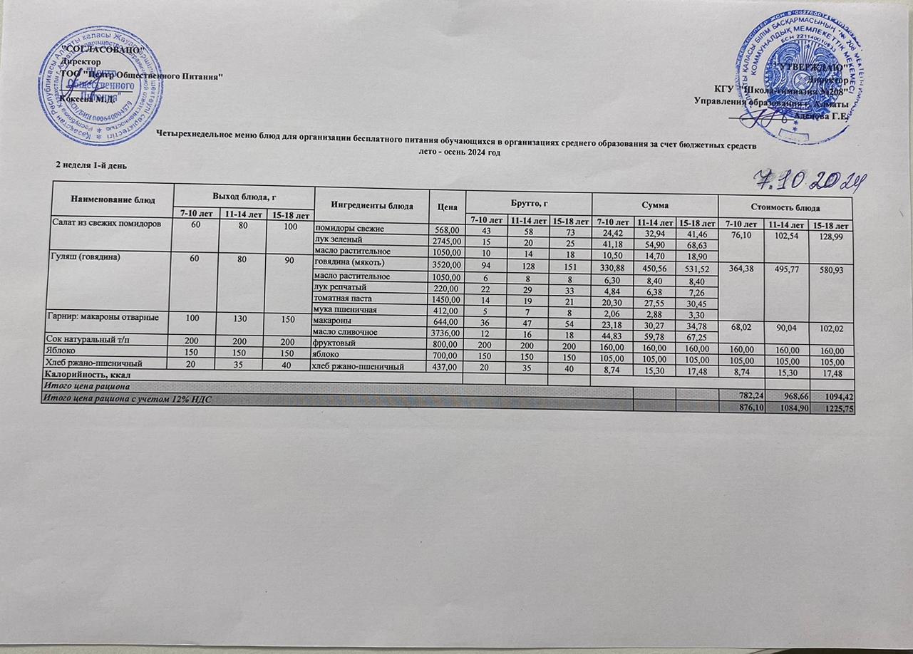 07.10.2024ж Асхана мәзірі