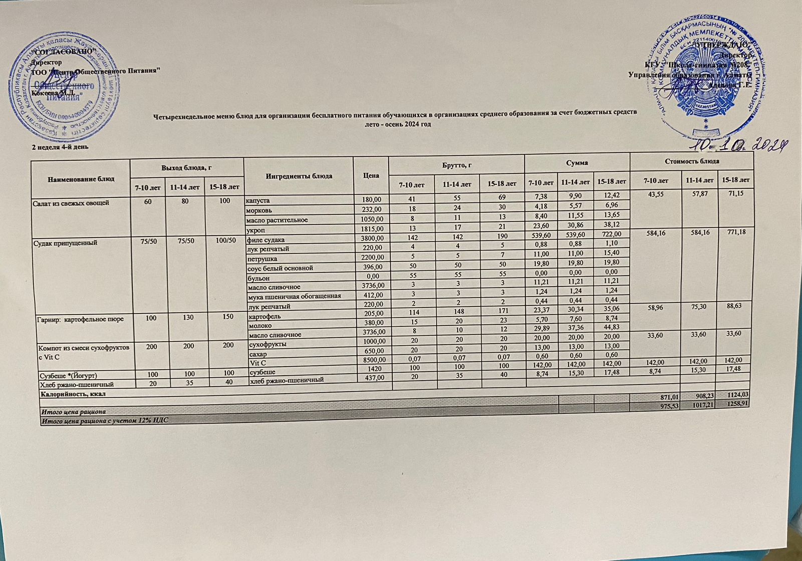 10.10.2024ж Асхана мәзірі