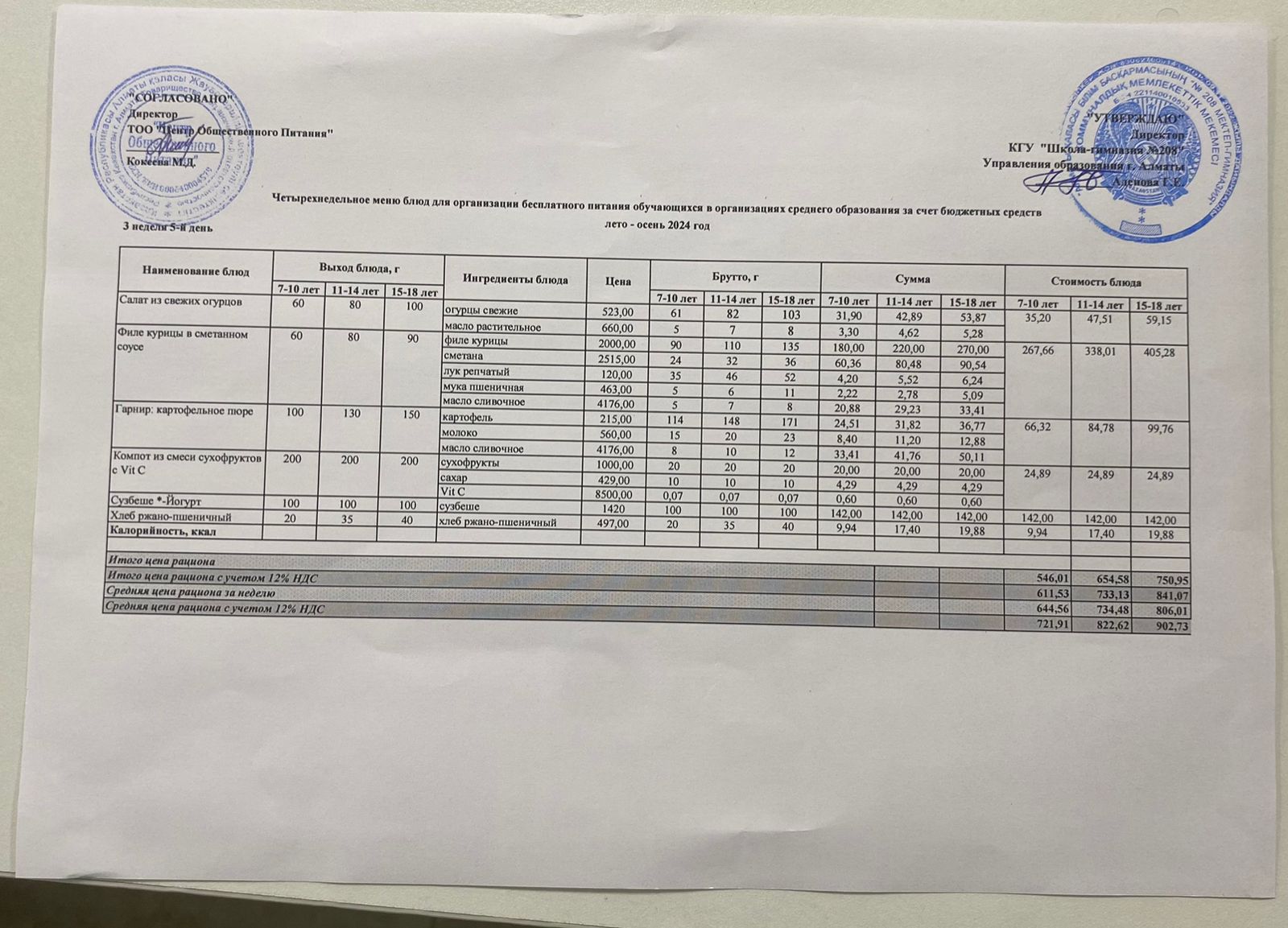 22.11.2024ж Асхана мәзірі