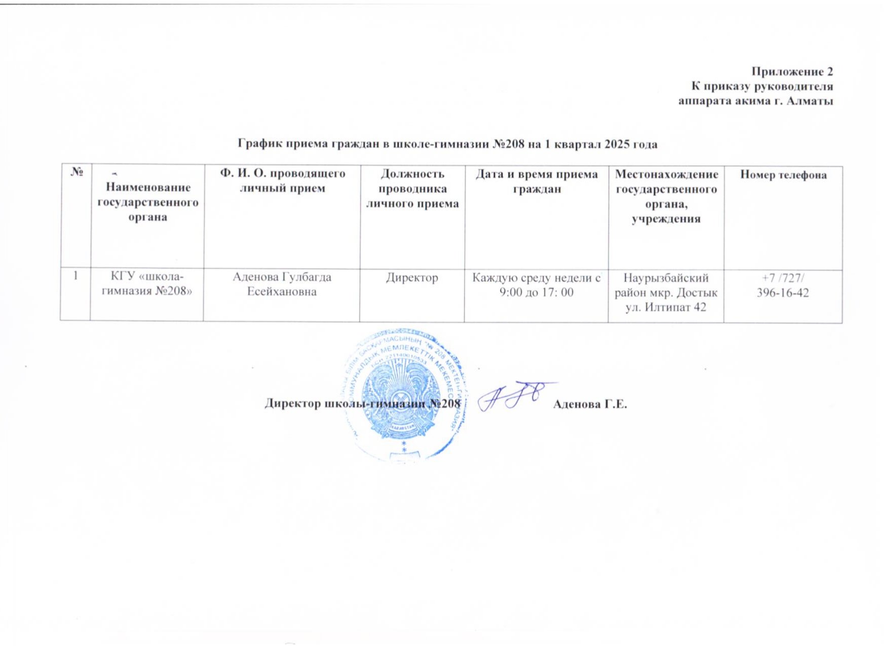 График приема граждан в школе-гимназии №208 на 1 квартал 2025 года