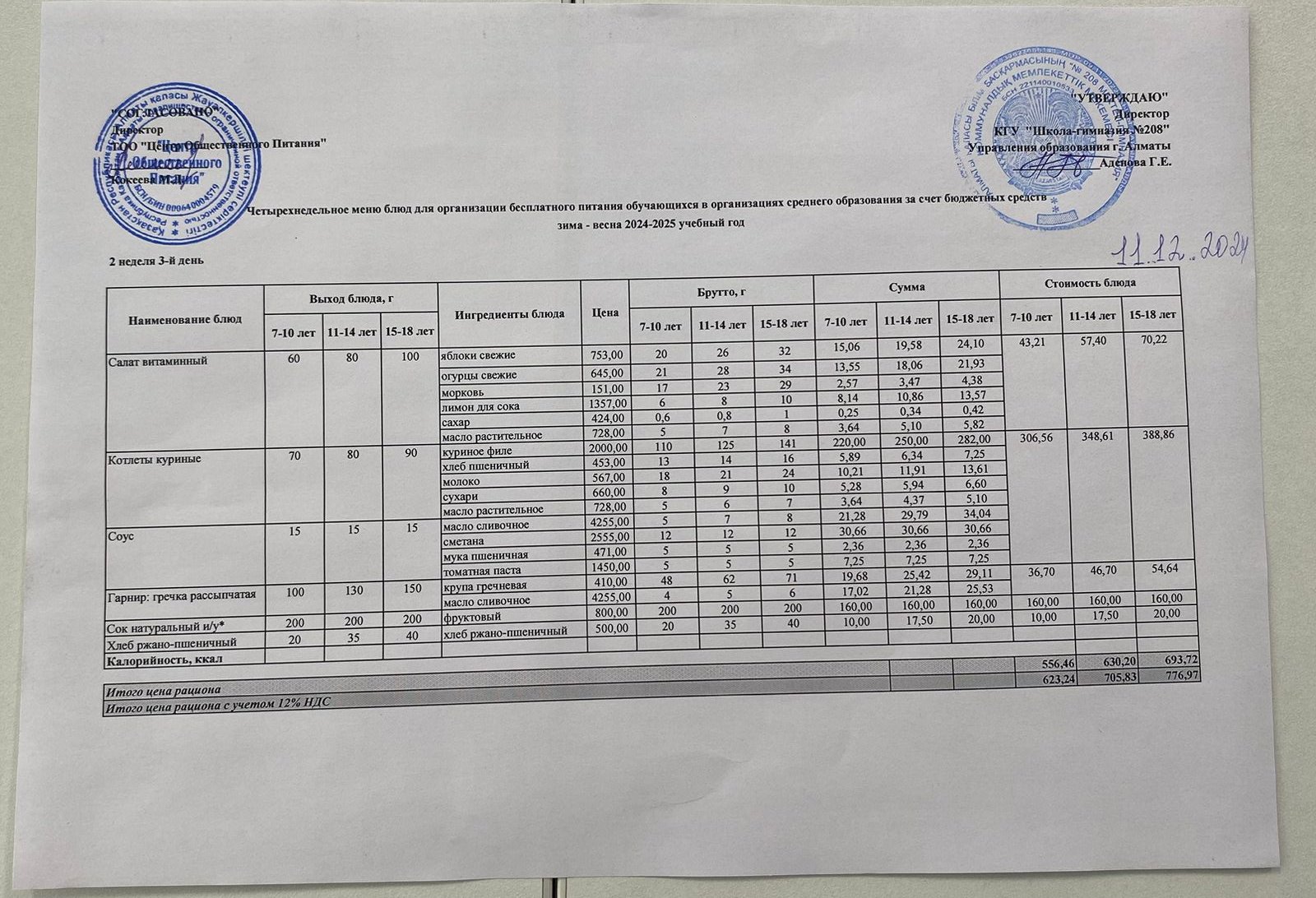11.12.2024 Асхана мәзірі