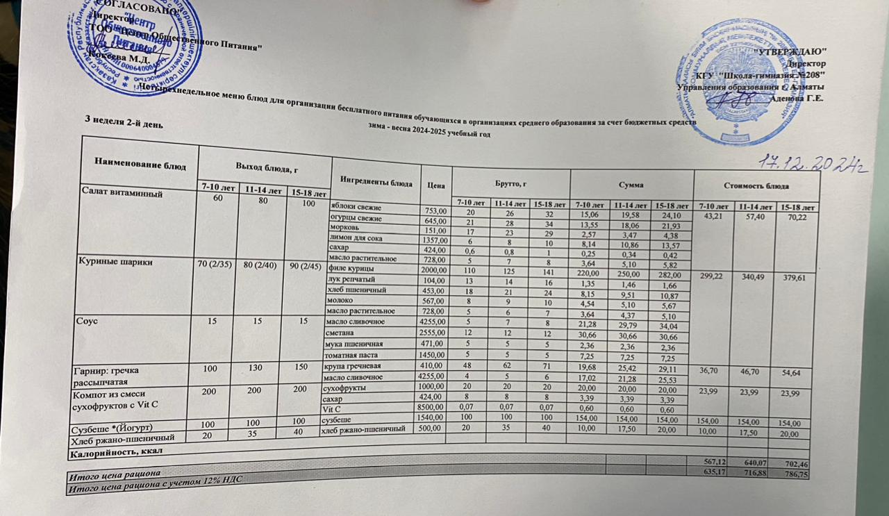 17.12.2024 Асхана мәзірі