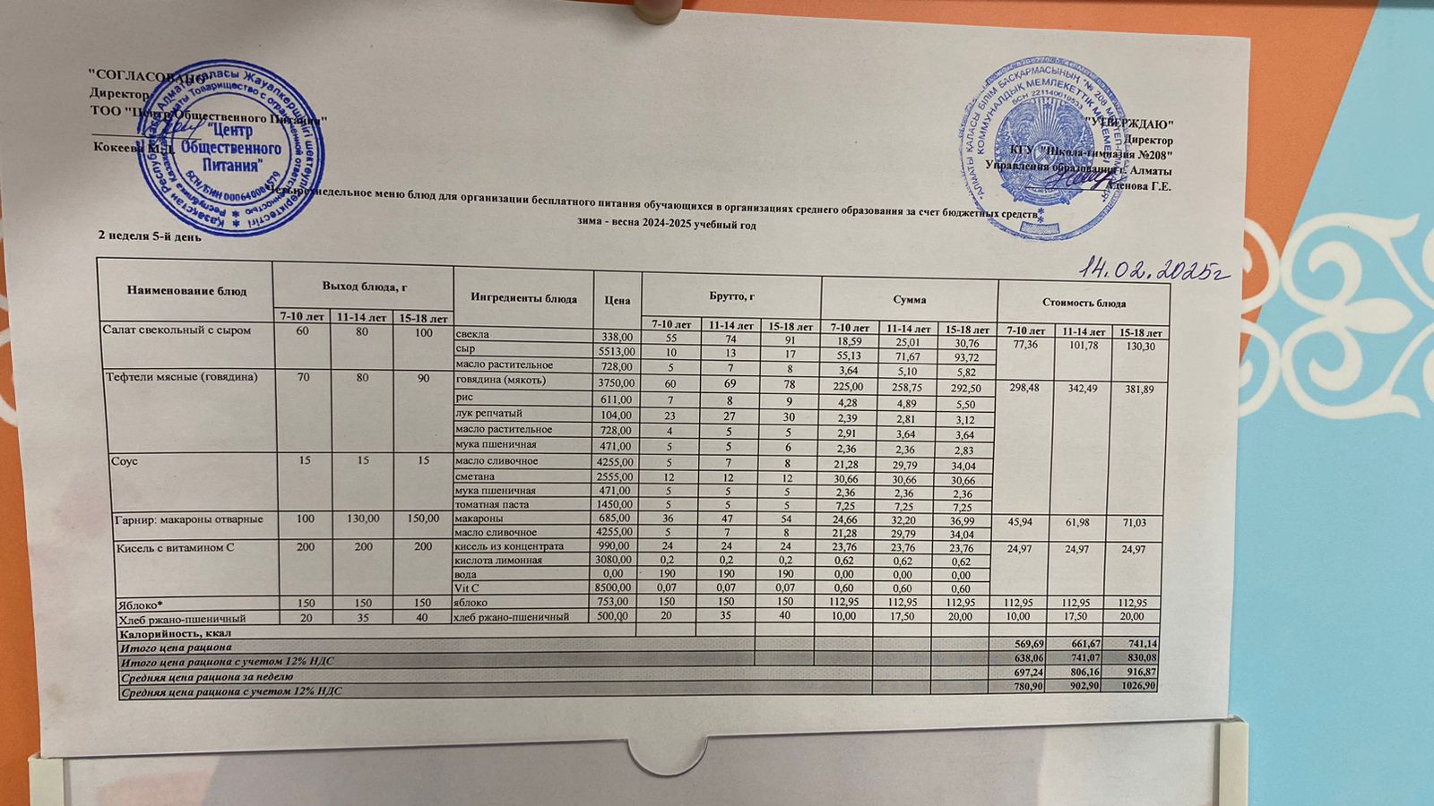 14.02.2025 Асхана мәзірі