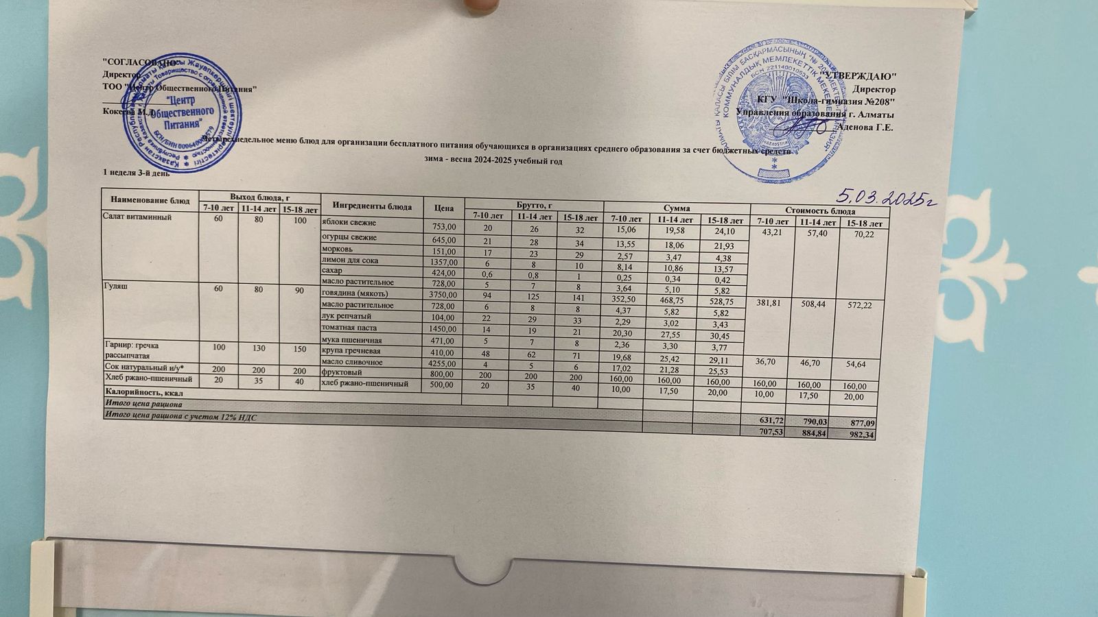 05.03.2025 Асхана мәзірі