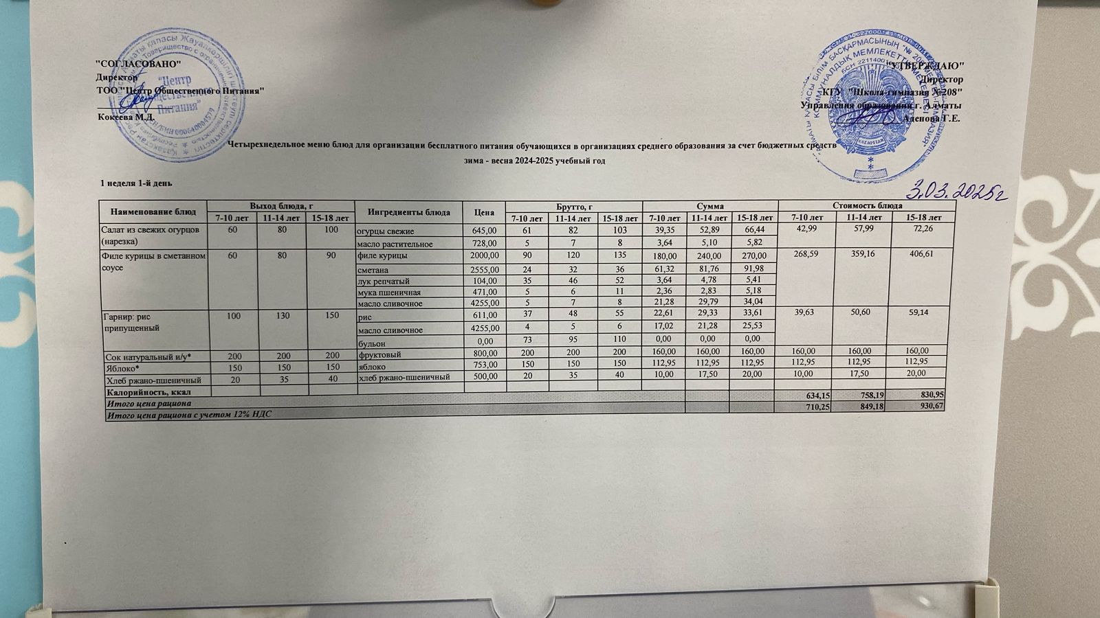03.03.2025 Асхана мәзірі