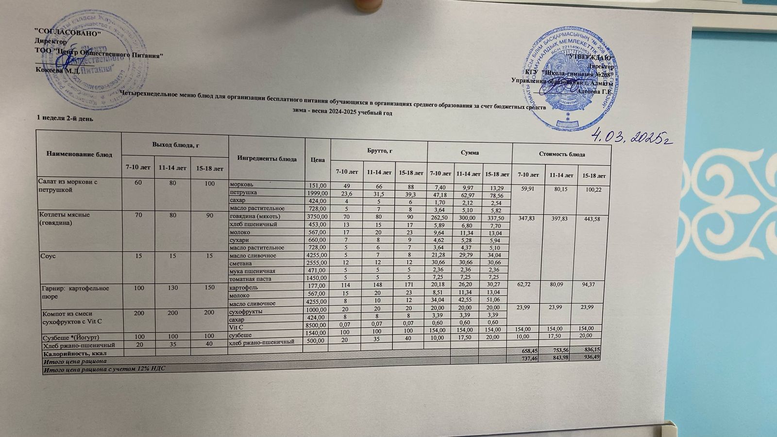 04.03.2025 Асхана мәзірі