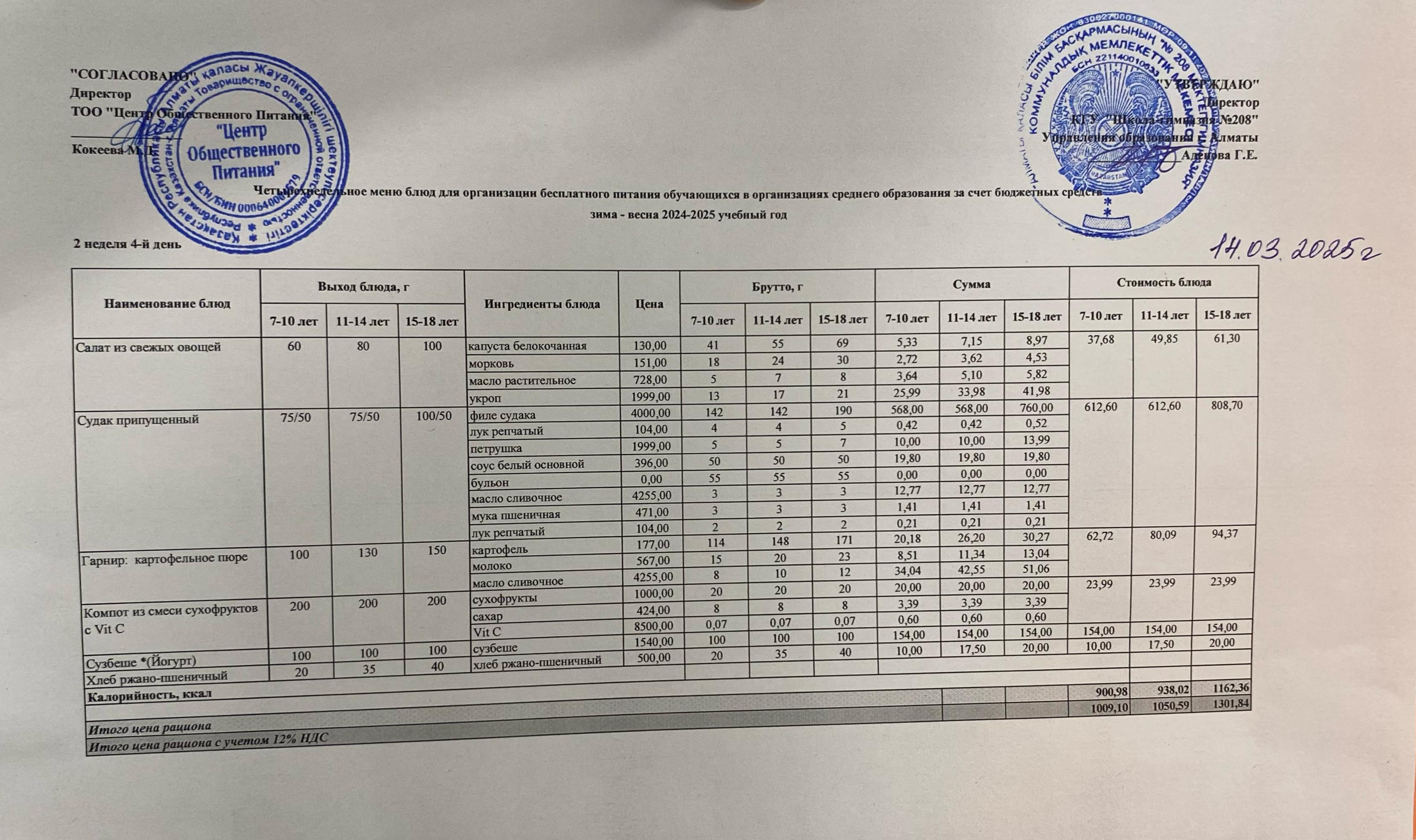 14.03.2025 Асхана мәзірі