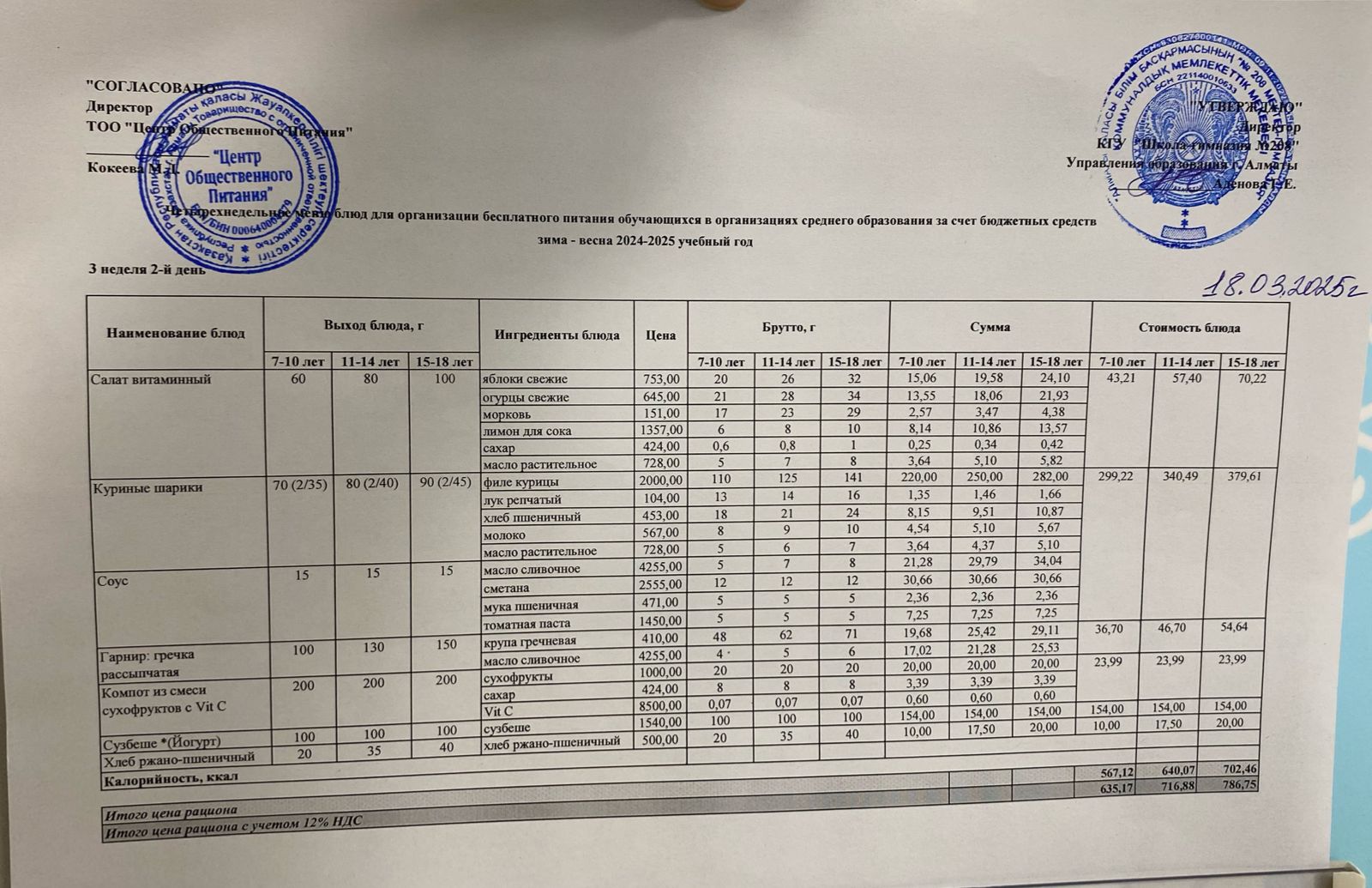 18.03.2025 Асхана мәзірі