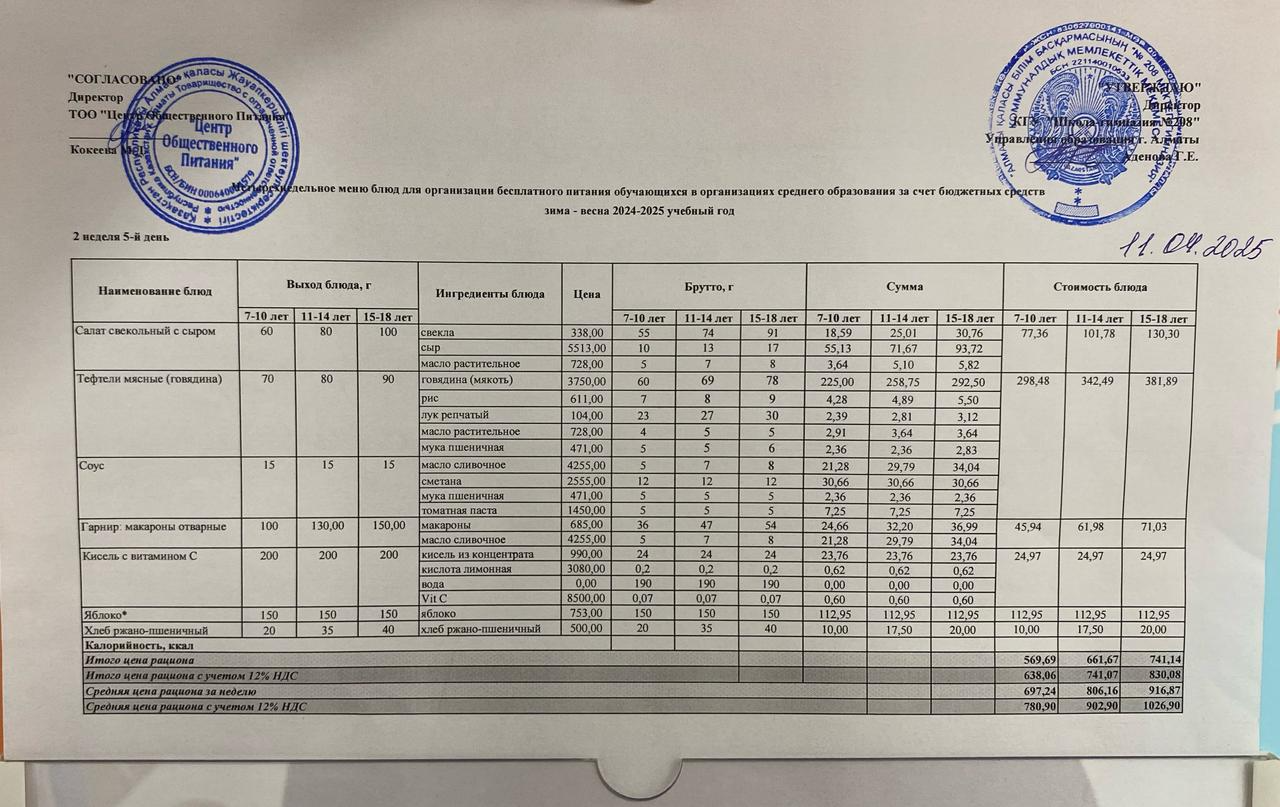 11.04.2025 Асхана мәзірі