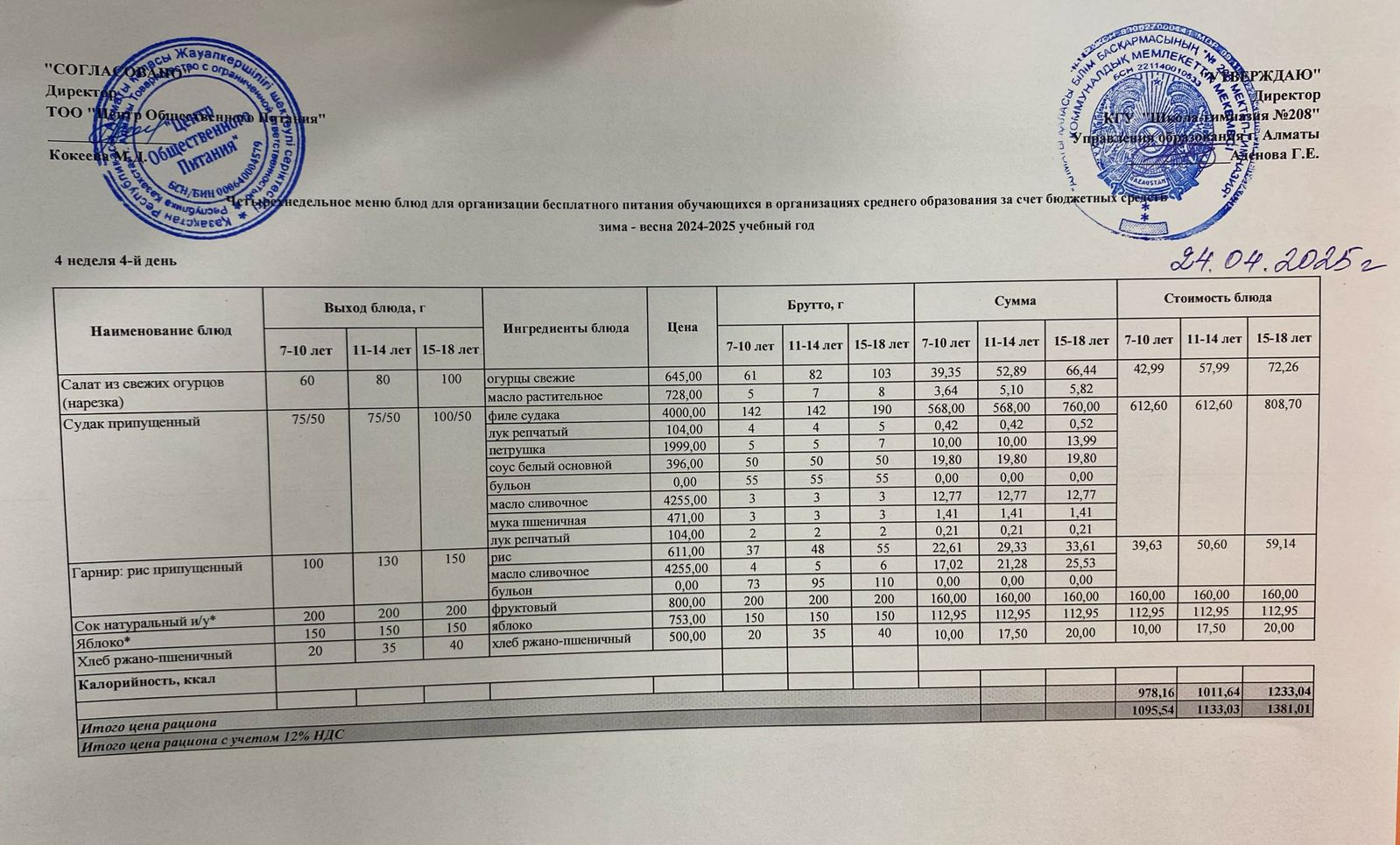 24.04.2025 Асхана мәзірі