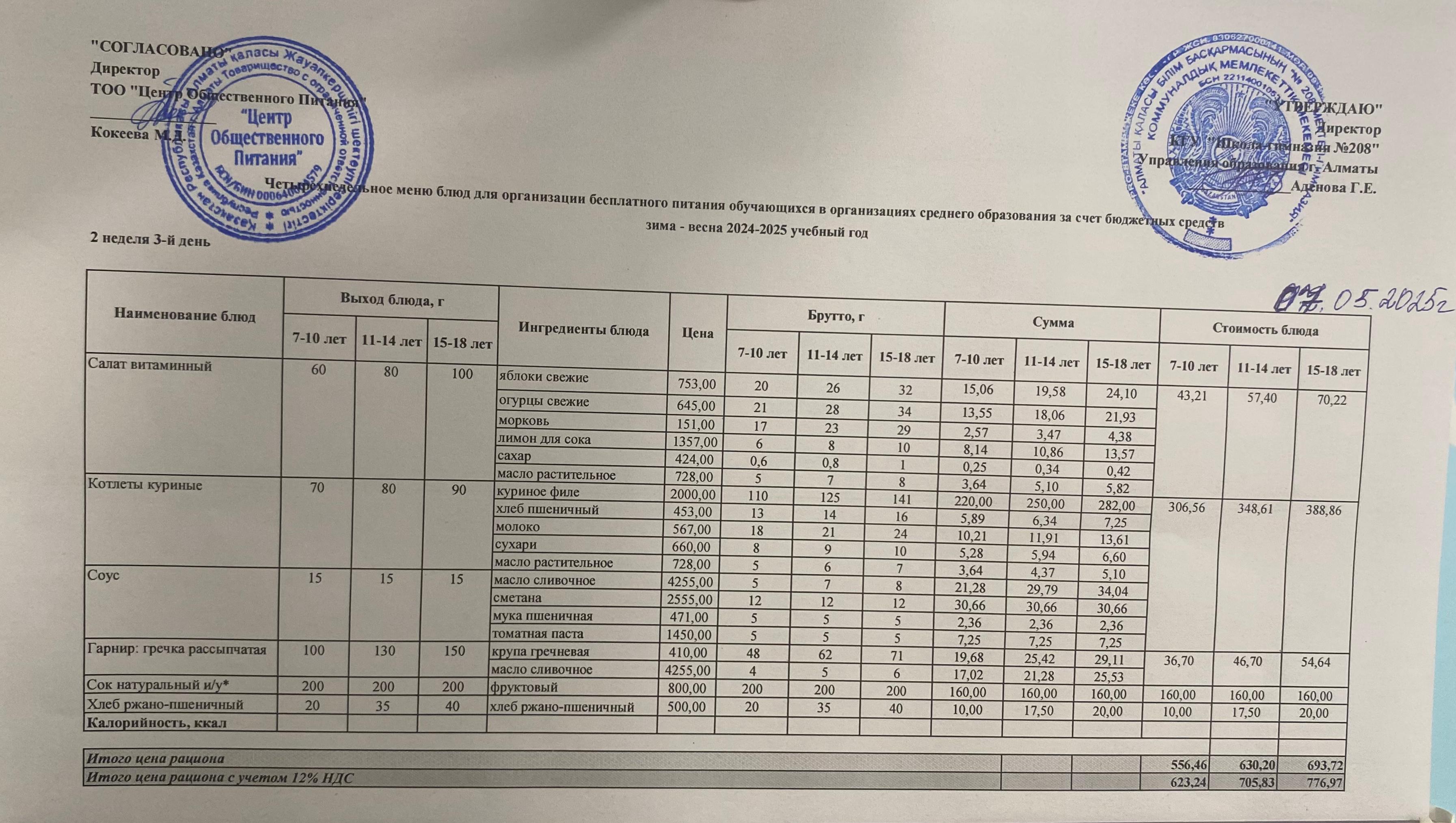 07.05.2025 Асхана мәзірі