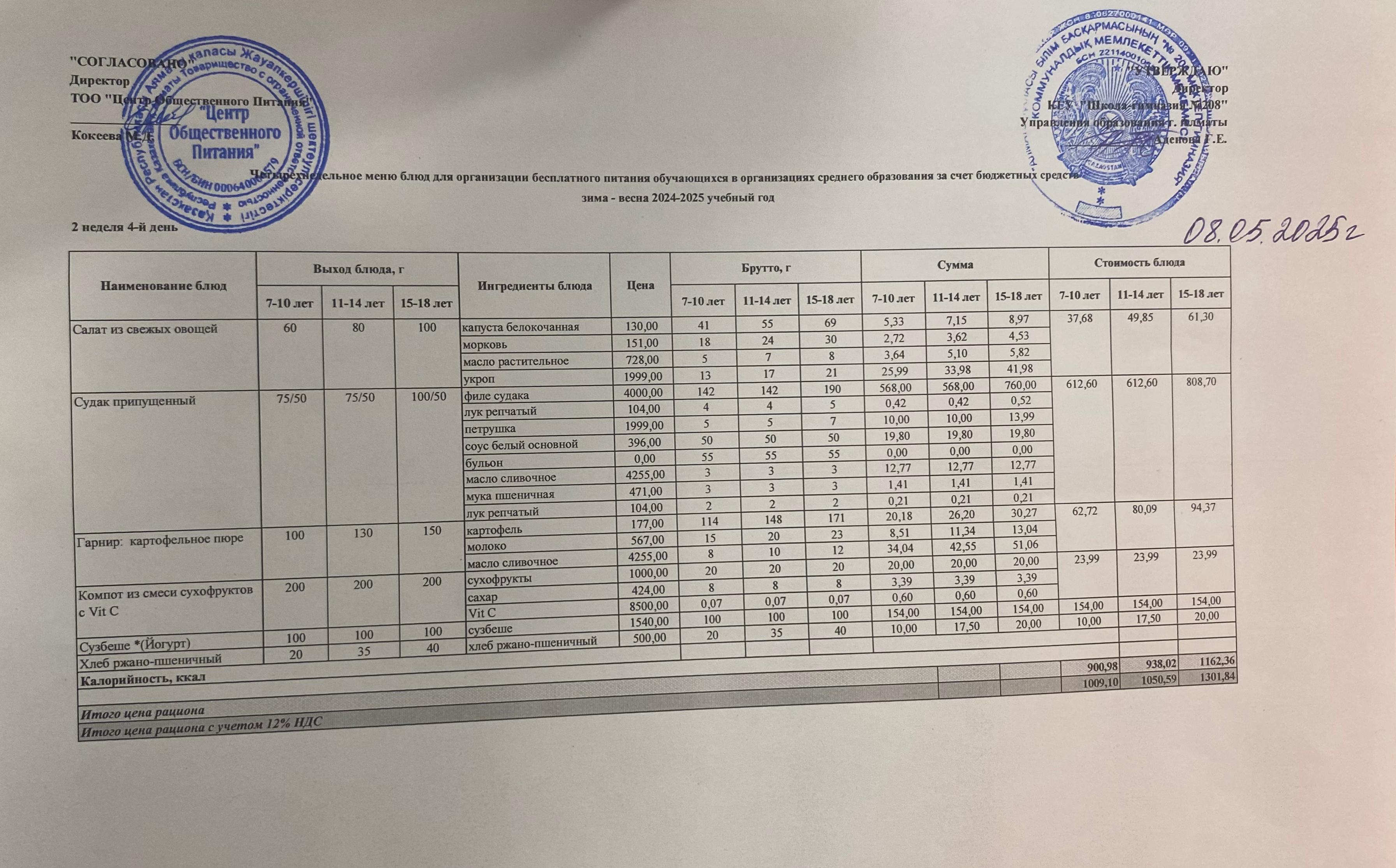 08.05.2025 Асхана мәзірі