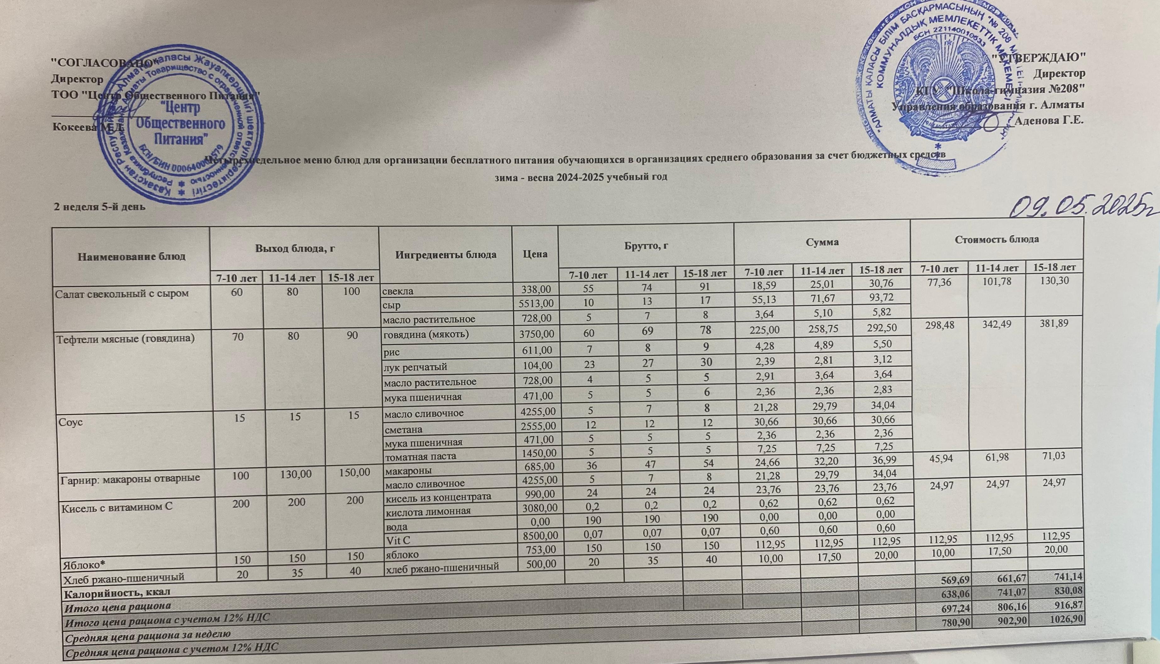 09.05.2025 Асхана мәзірі