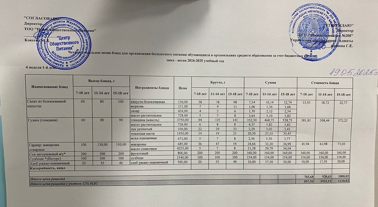 19.05.2025 Асхана мәзірі