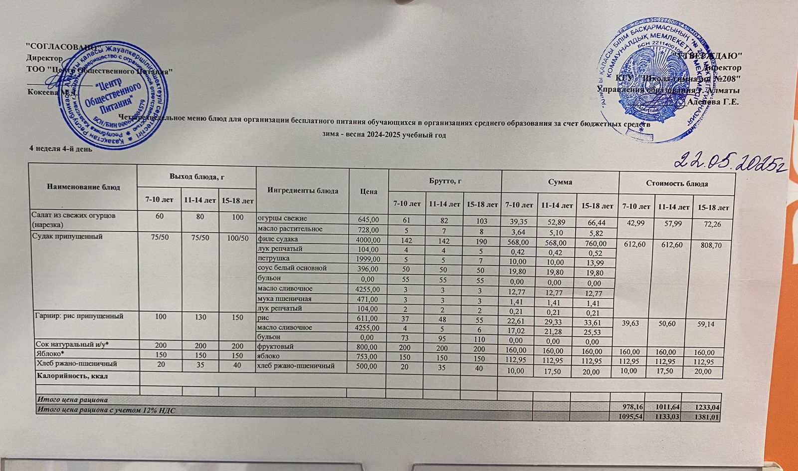 22.05.2025 Асхана мәзірі