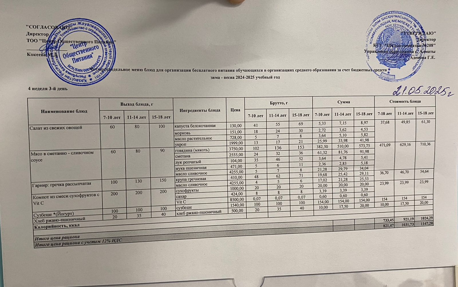 21.05.2025 Асхана мәзірі