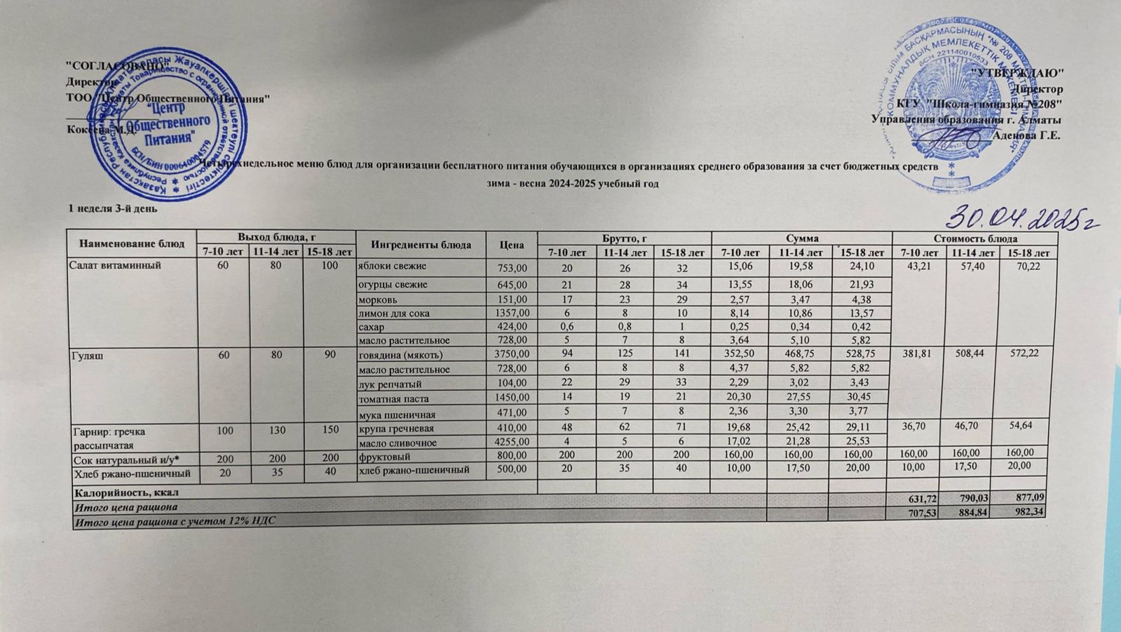 30.04.2025 Асхана мәзірі