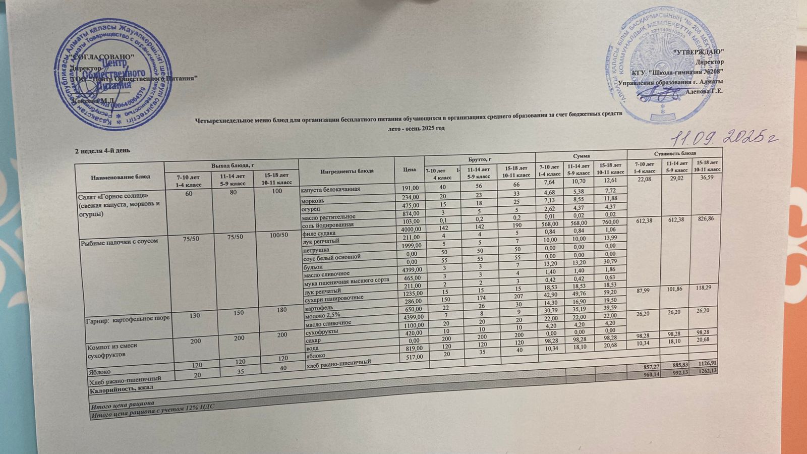 11.09.2025 Асхана мәзірі