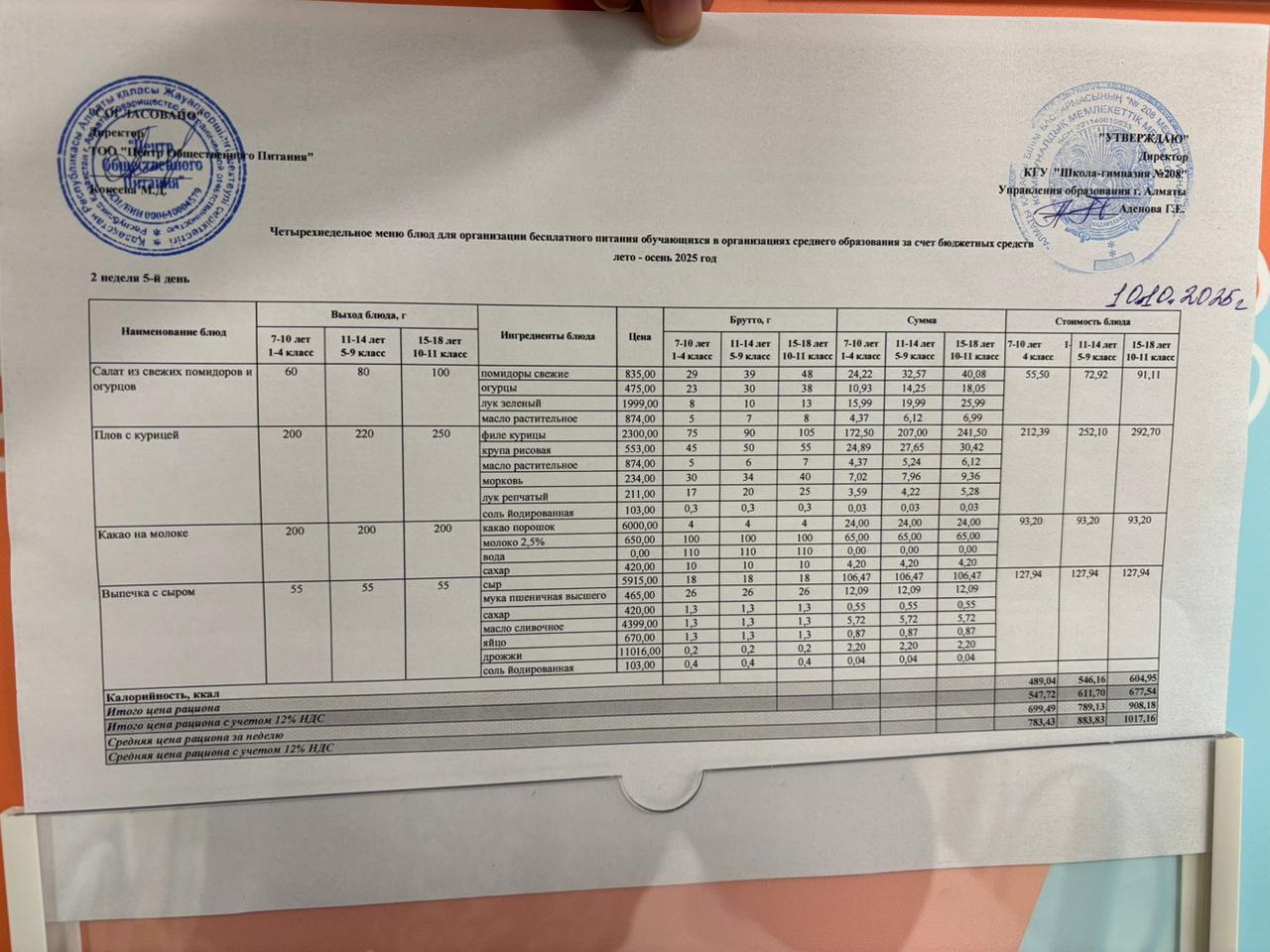 10.10.2025 Асхана мәзірі
