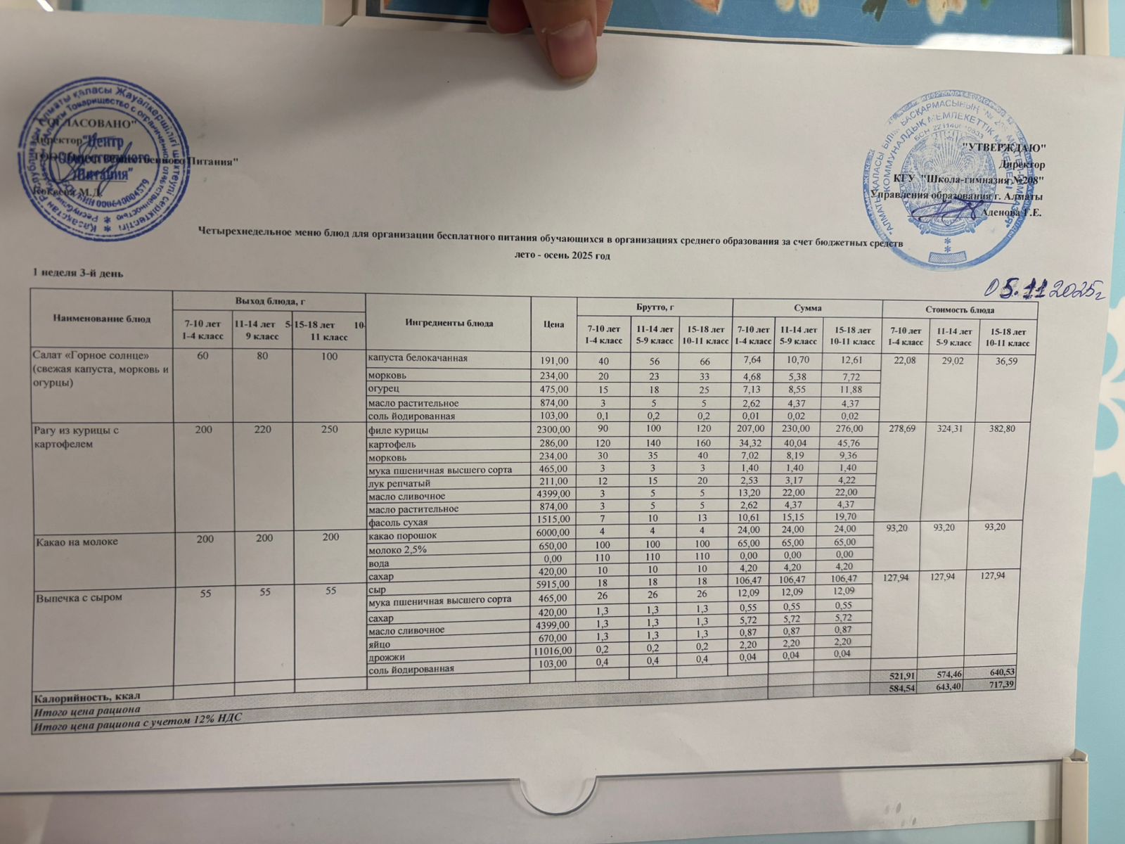 05.11.2025 Асхана мәзірі