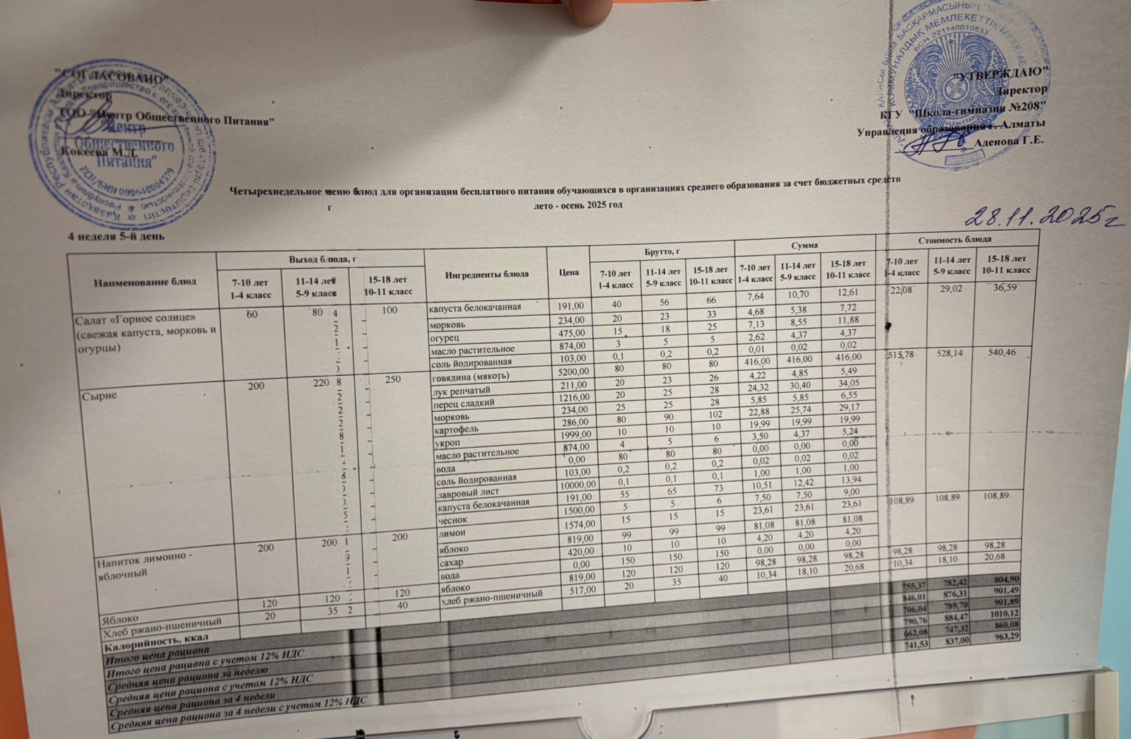 28.11.2025 Асхана мәзірі