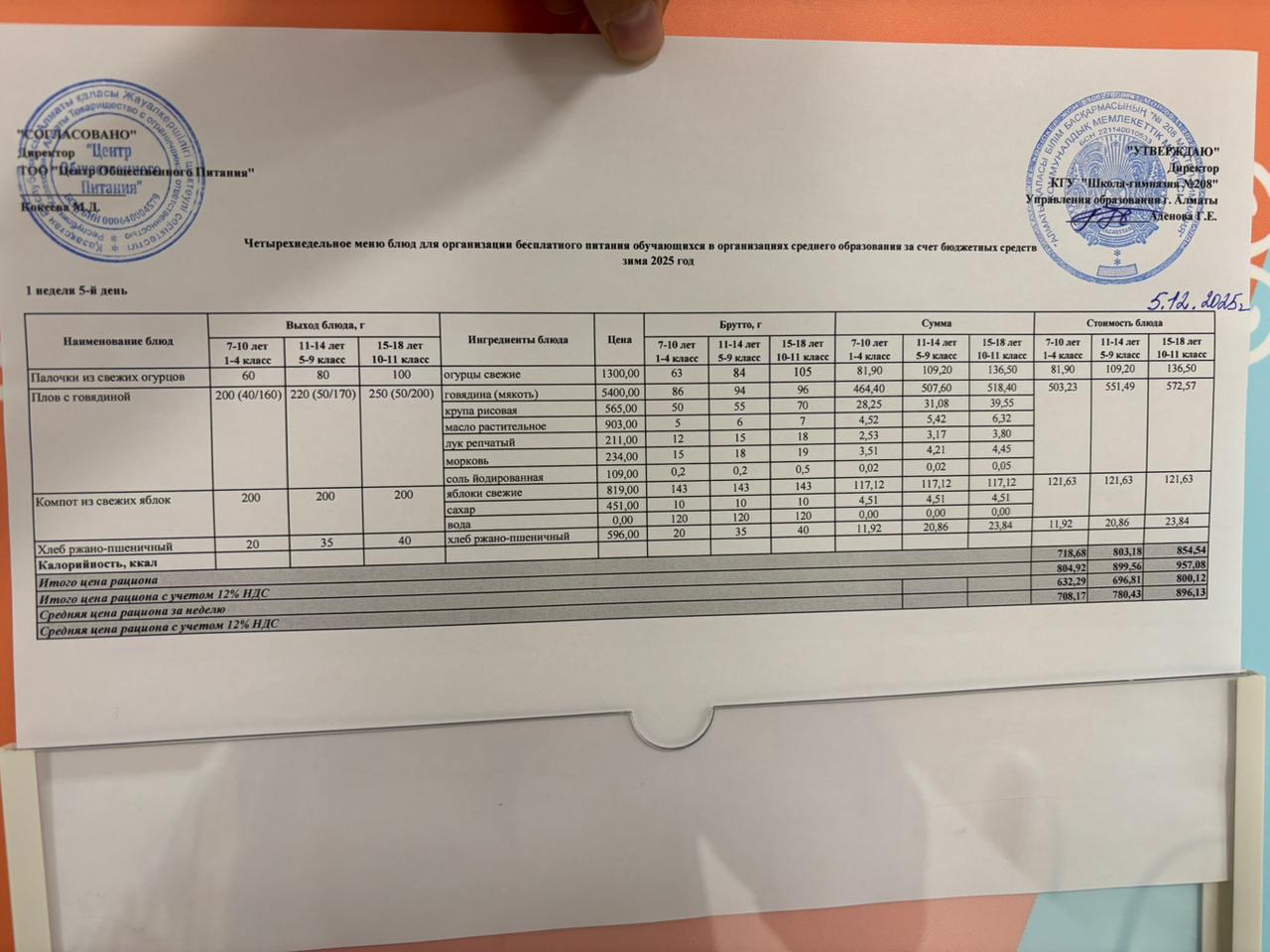 05.12.2025 Асхана мәзірі