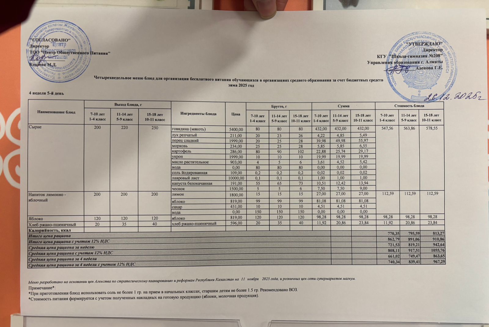 26.12.2025 Асхана мәзірі