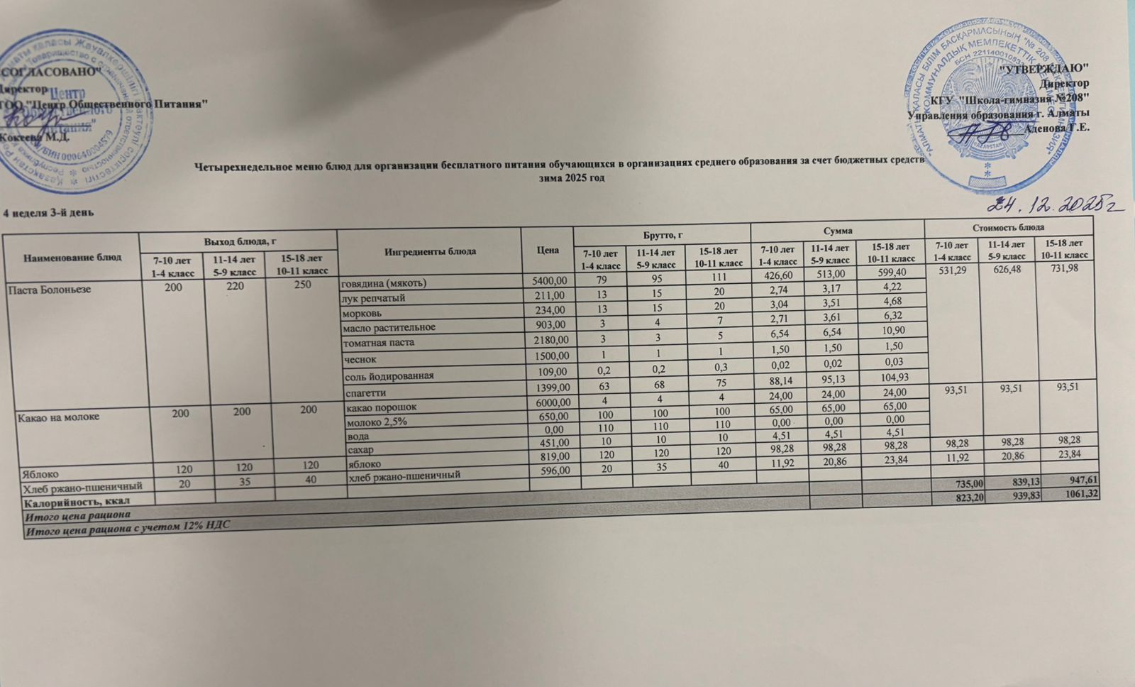 24.12.2025 Асхана мәзірі
