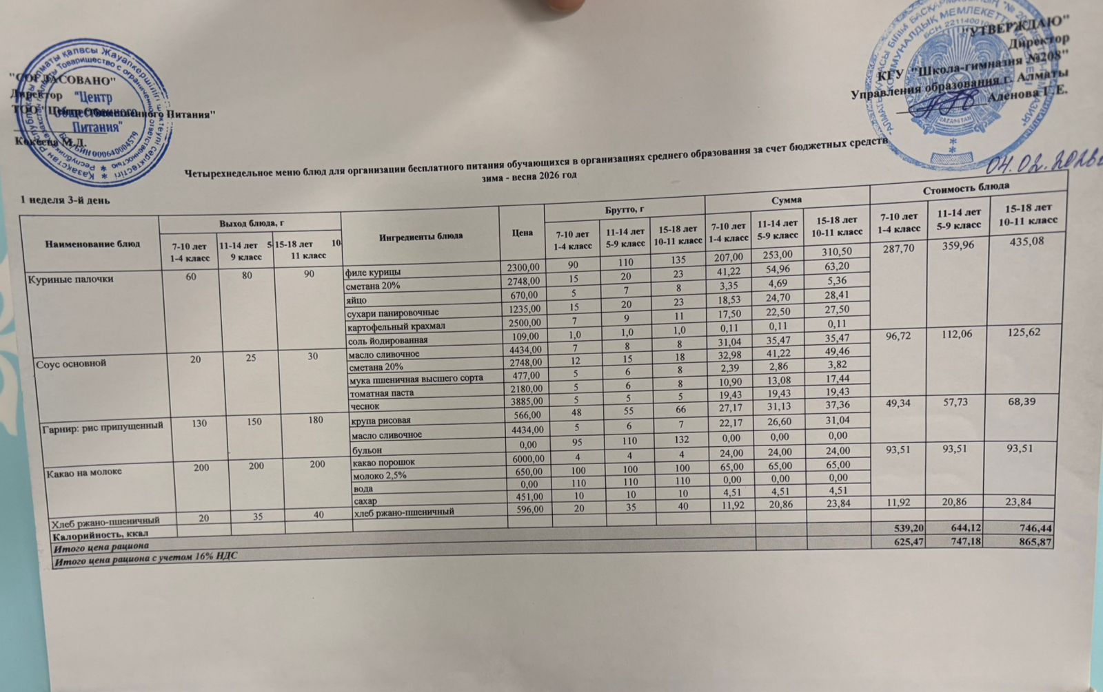 04.02.2026 Асхана мәзірі