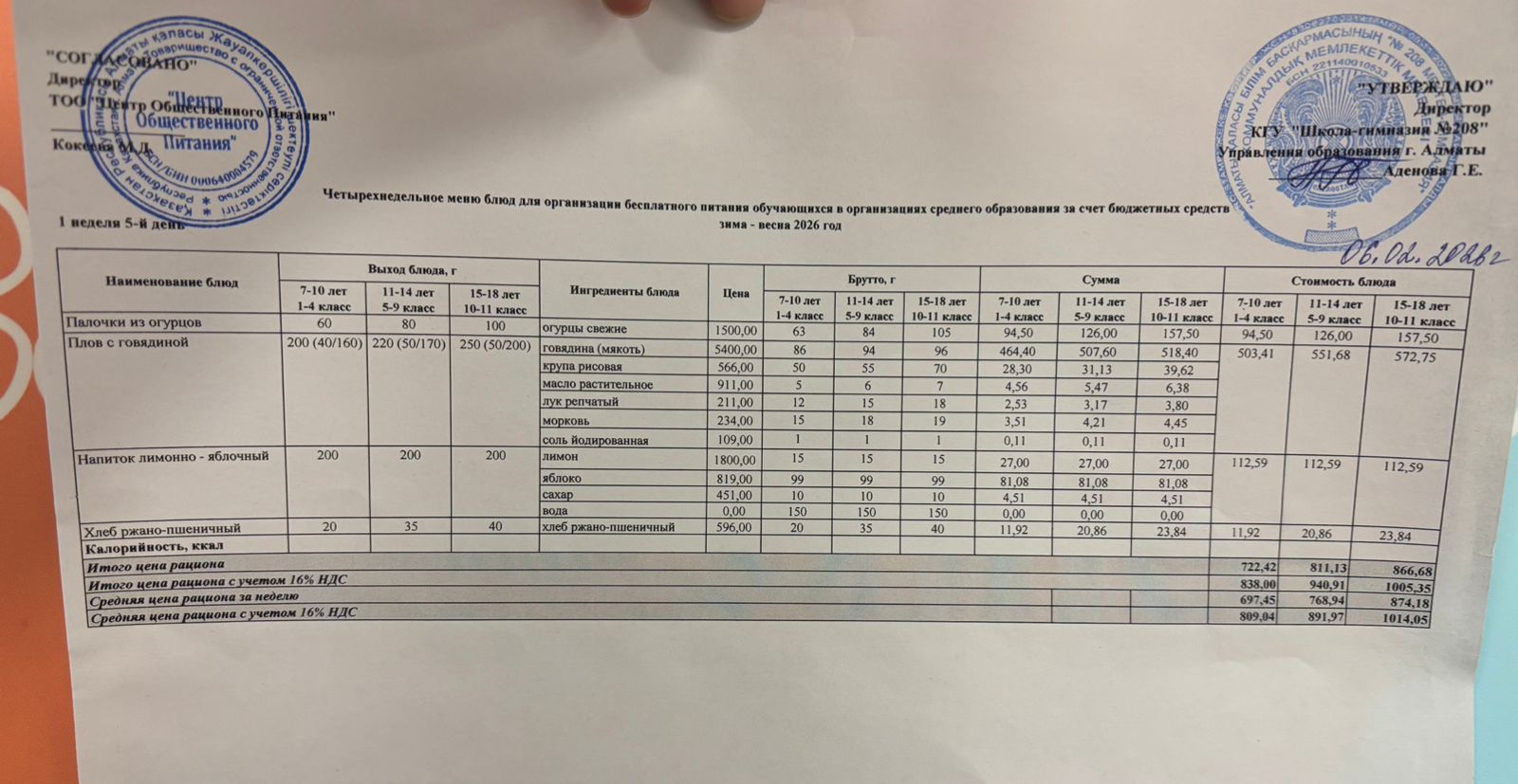 06.02.2026 Асхана мәзірі
