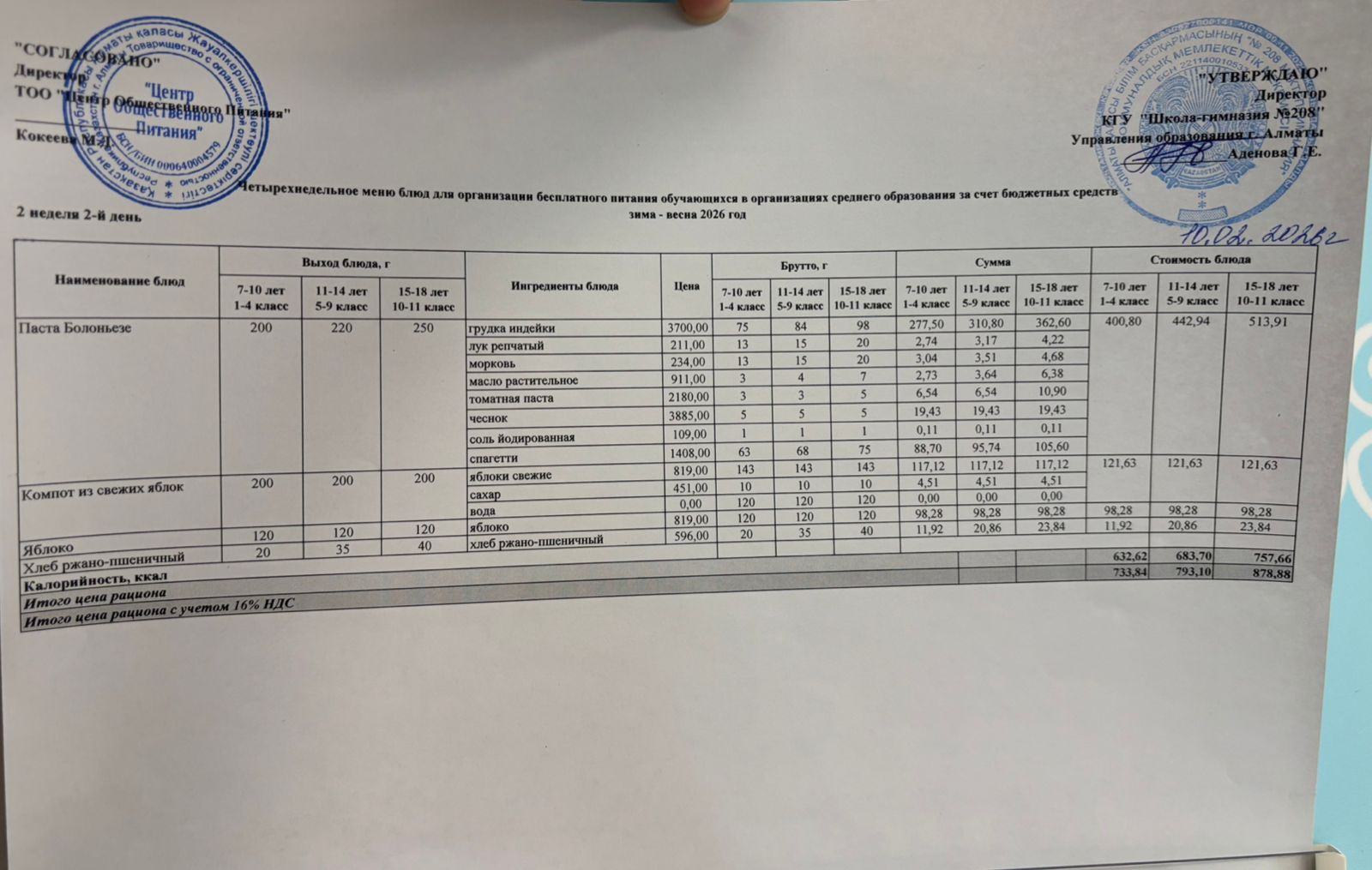 10.02.2026 Асхана мәзірі