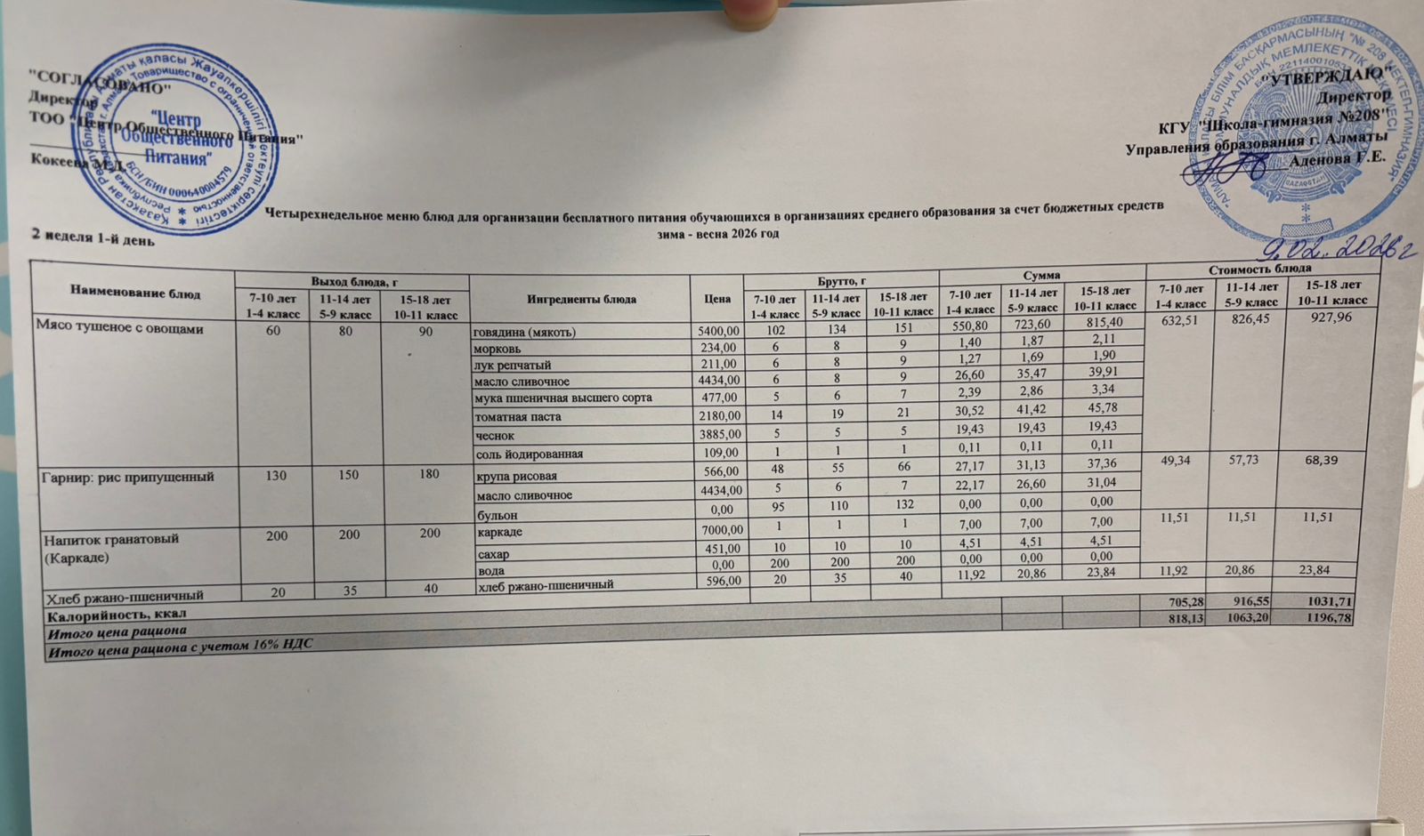 09.02.2026 Асхана мәзірі