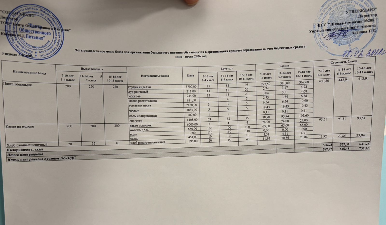 18.02.2026 Асхана мәзірі