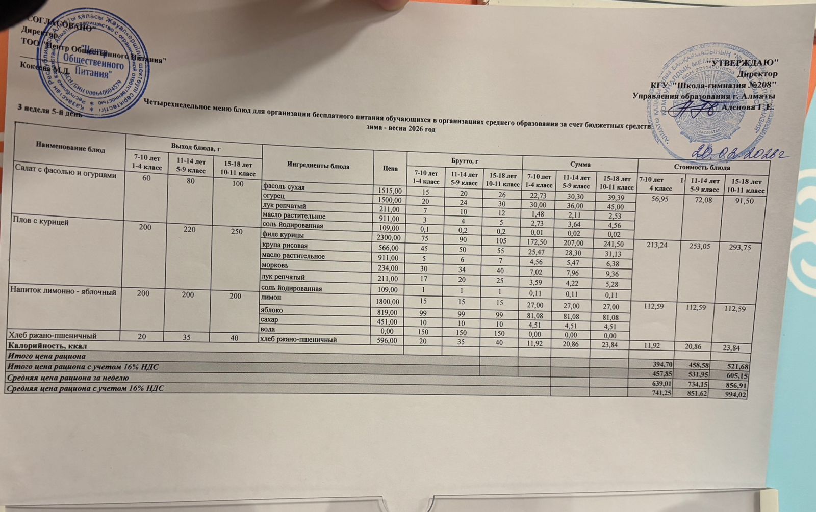 20.02.2026 Асхана мәзірі