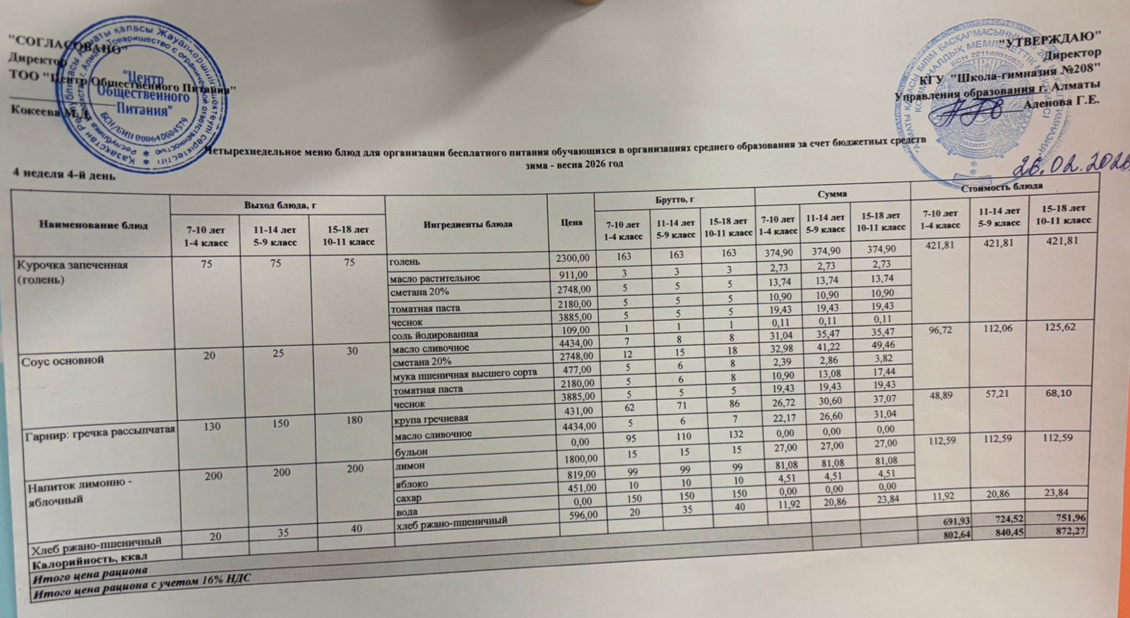 26.02.2026 Асхана мәзірі