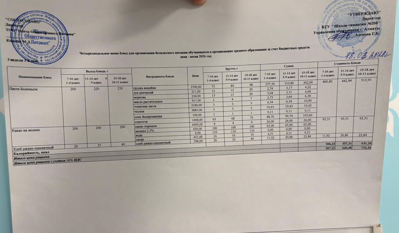 18.03.2026 Асхана мәзірі